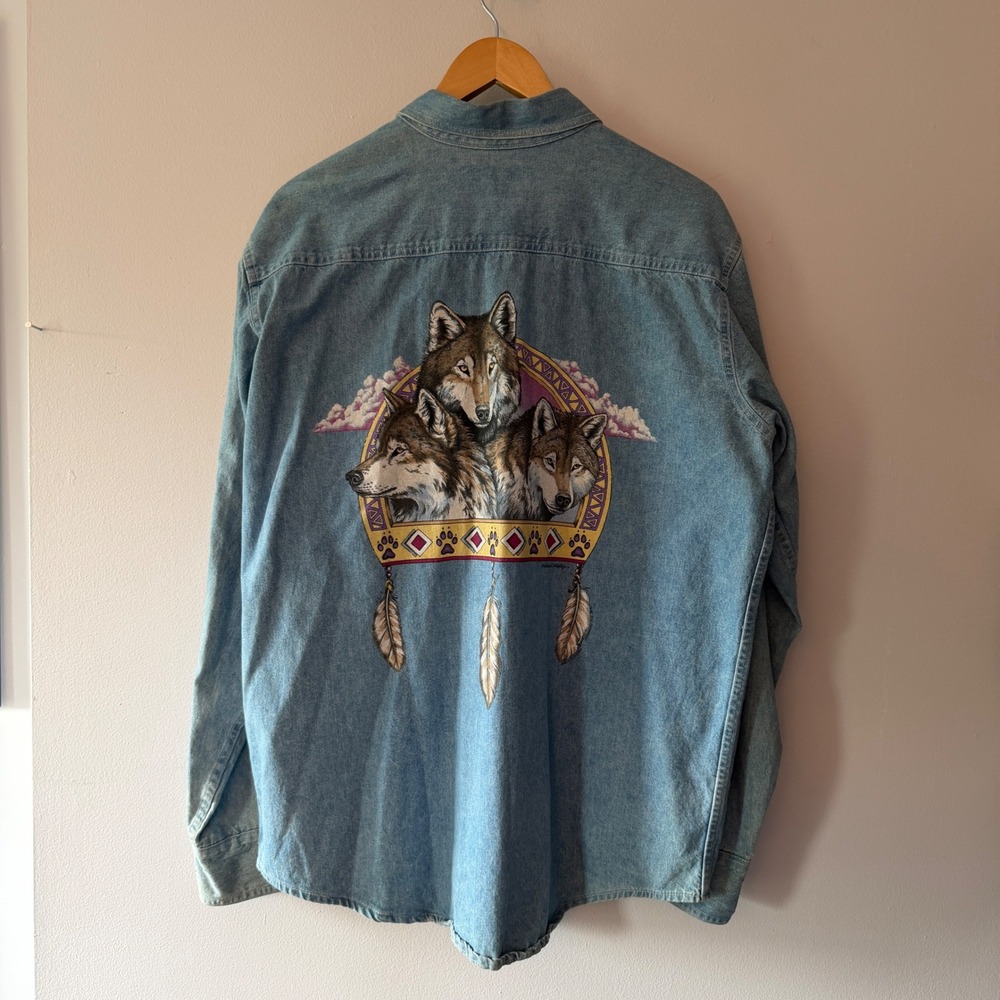 Vintage Bear Back Wolf Denim Shirt Mens Large Blue 90s National Wildlife USA